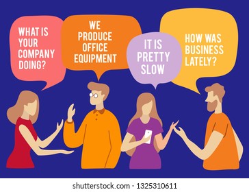 Vector illustration, social networks, flat style, news, chat, businessmen discuss social network dialogue speech bubbles group