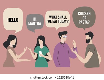 Vector illustration, social networks, flat style, news, chat, businessmen discuss social network dialogue speech bubbles group