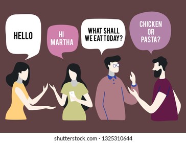 Vector illustration, social networks, flat style, news, chat, businessmen discuss social network dialogue speech bubbles group
