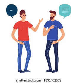 Vector illustration, social networks, flat style, news, chat, businessmen discuss social network dialogue speech bubbles