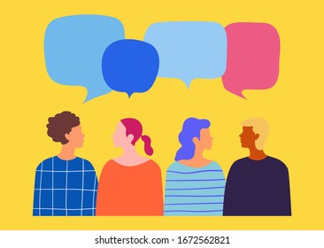 Ilustración vectorial, redes sociales, estilo plano, noticias, chat, hombres de negocios discuten sobre las burbujas del diálogo en redes sociales