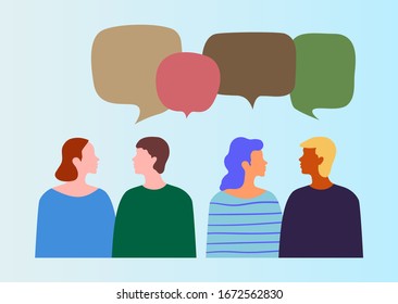 Vector illustration, social networks, flat style, news, chat, businessmen discuss social network dialogue speech bubbles