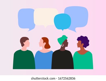 Vector illustration, social networks, flat style, news, chat, businessmen discuss social network dialogue speech bubbles