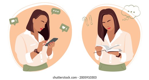 Vector illustration for social networks. Flat image with a girl. Instagram. The girl works smm. Sticker 