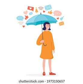 Vector illustration social networks and informational detox. Concept: Woman stay under umbrella from information notifications.