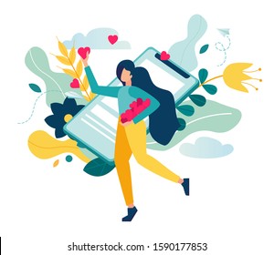 vector illustration, social networks, mutual likes, a joyful girl with a phone in his hand puts likes on a background of flowers