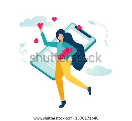 vector illustration, social networks, mutual likes, joyful girl with a phone in her hand likes