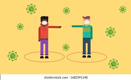 Vector illustration of Social and physical distancing example for greeting to avoid spreading corona virus . Coronovirus epidemic protective equipment. Preventive measures. Steps to protect yourself. 