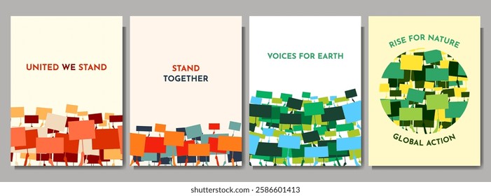 Vector illustration. Social protest background. Silhouette of hand holding banners demonstration. Design for poster, brochure, flyer, magazine, magazine. Concept of protection nature and human rights