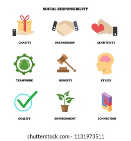 Icono de ilustración de vector con responsabilidad social. Colección con caridad, asociación, sensibilidad, trabajo en equipo, honestidad, ética, calidad, ambiente y símbolos de conexión. Conceptos básicos de la empresa CSR.