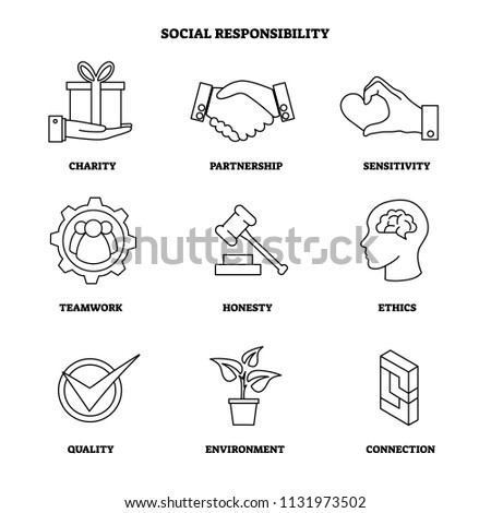Vector illustration with social responsibility icon set. Collection with charity, partnership, sensitivity, teamwork, honesty, ethics, quality, environment and connection symbols. Company CSR basics.