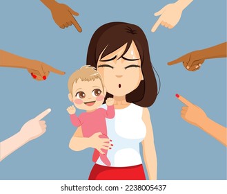 Vector illustration of society blaming and judging new mom with baby. Woman holding toddler child surrounded by pointing finger hands