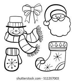 Vector illustration, sock, mitten, snowman, santa, bow