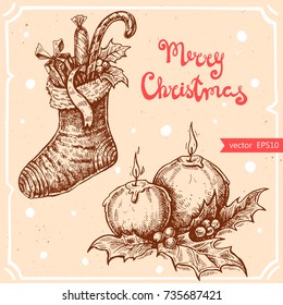 Vector illustration of sock,candy,gift box,candles,holly branch,text Merry Christmas on background with abstract paper texture. Sketch of christmas candles, knitted sock.Linear art in vintage style.