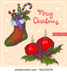 Vector illustration of sock,candy,lollipop,gift box,candles,holly branch,text Merry Christmas on the background with abstract paper texture. Sketch of christmas candles, knitted sock.Linear art