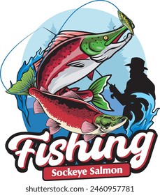 Vector Illustration of Sockeye Salmon with Fisherman and Waves with Vintage Illustration Available for Fishing Logo