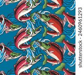 Vector Illustration of Sockeye Salmon and Waves with Vintage Illustration Available for Pattern