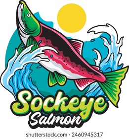 Vector Illustration of Sockeye Salmon and Waves with Vintage Illustration Available for Fishing Logo