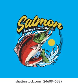 Vektorillustration von Rotlachs und Wellen mit Klassischer Illustration Verfügbar für Angellogo