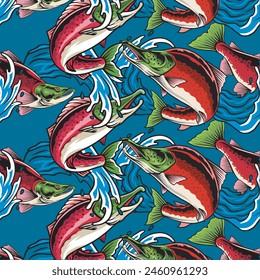 Vector Illustration of Sockeye Salmon and Waves with Vintage Illustration Available for Pattern