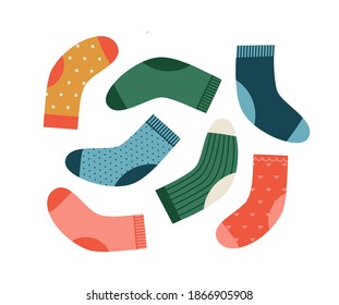 Vector illustration of the socks in diferent color and print. Hand-drawn set isolated on white background. Winter holidays concept. Christmas Stockings.