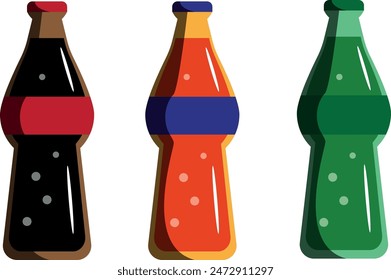 vector and illustration of soda bottle, cola, lime and lemon, orange in cartoon style.