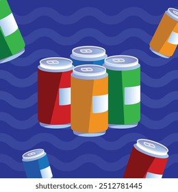 Ilustração vetorial de latas de refrigerante. Latas de alumínio ou estanho para bebidas macias, água espumante, suco de frutas, bebidas energéticas ou limonada.