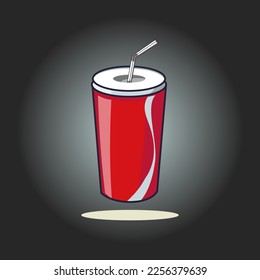 vector illustration of soda drink with red color glass with straw on black background isolate.