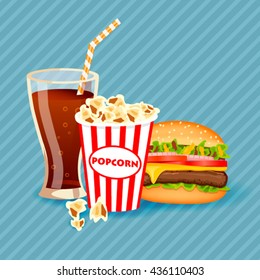 Vector Illustration of soda takeaway,Popcorn and Burger on blue background.Fast food banner design