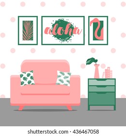 Vector illustration with sofa, armchair, pillows, posters in flat style. Green and pink trendy interior design