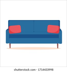Ilustración vectorial de un sofá. Sofá azul con almohadas rojas sobre fondo blanco. Diseño de sofás para la sala de estar en un estilo plano