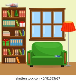 Vector illustration with sofa, bookcase, window and lamp. The interior of the living room.