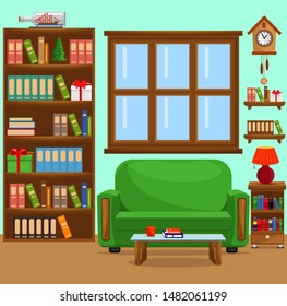 Vector illustration with sofa, bookcase, window and lamp. The interior of the living room.
