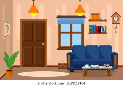 Vector illustration with sofa, bookcase, window and lamp. The interior of the living room.