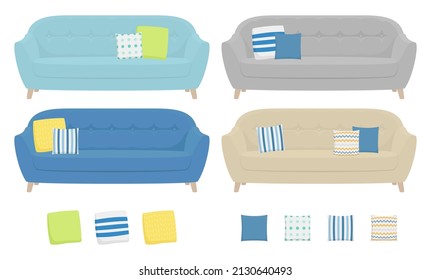 Vector illustration of sofa and cushion isolated on background.