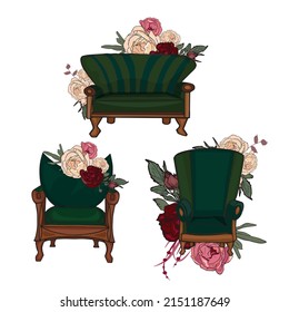 Vector illustration of sofa with flowers. Decorative furniture as a print, logo, blank for designers