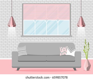 Vector illustration with sofa, pillows, window in flat style. Gray and pink trendy interior design
