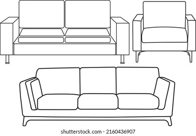 ilustración vectorial del doodle del conjunto de sofás. tres sofás.