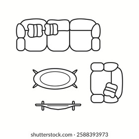 Vector illustration of a sofa set with pillows and a coffee table in top-down perspective. Perfect for living room interior design layouts and architectural plans.
