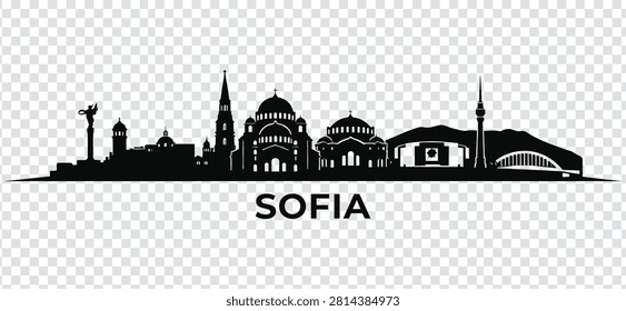 Vector illustration of Sofia city skyline silhouette, featuring iconic landmarks and architectural structures, isolated on a transparent background.