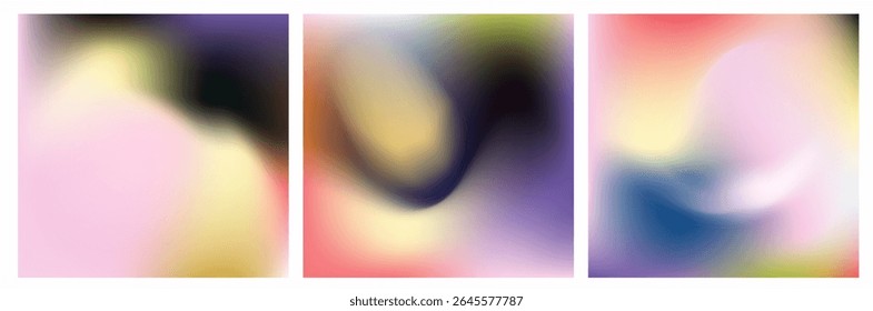 Vector illustration of soft, abstract, gradient backgrounds with blurred shapes. Pastel yellow, pink, purple, and blue dominate, reflecting the trendy “blurred gradient” minimalistic style.