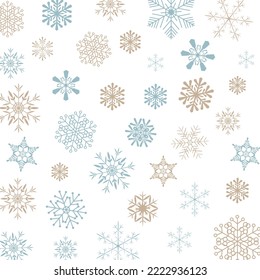 Ilustración vectorial copos de nieve blandos azules y marrones sobre fondo blanco para la decoración navideña