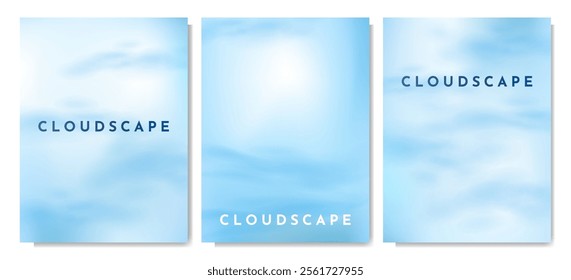 Vector illustration. Soft blue color clouds layer on gradient background. Light, airy backdrop design. Realistic cloudy sky. Graphic elements for poster, book cover, magazine, layout, flyer