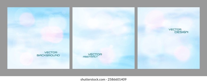 Vector illustration. Soft blue color clouds layer with bokeh lights on gradient background. Soft style backdrop. Realistic cloudy sky. Designs for square web banner, blog post, social media