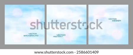 Vector illustration. Soft blue color clouds layer with bokeh lights on gradient background. Soft style backdrop. Realistic cloudy sky. Designs for square web banner, blog post, social media
