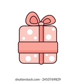 Vector illustration with a soft coral colored gift box. Polka dot box with ribbon and bow in cartoon style with outline on white background
