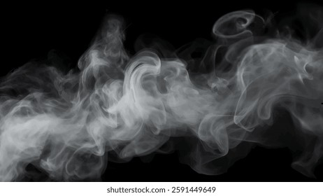 Vector illustration of soft, flowing white smoke with a black background. Ideal for overlays, fog effects, steam, and atmospheric elements.