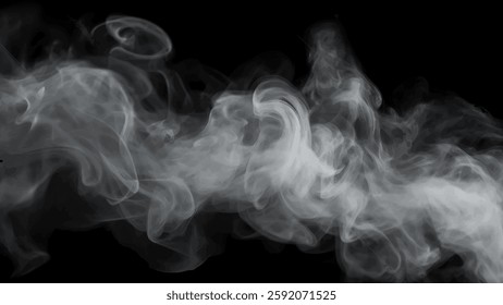 Vector illustration of soft, flowing white smoke with a black background. Ideal for overlays, fog effects, steam, and atmospheric elements.