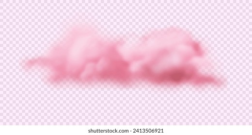 Vector illustration of soft fluffy pink cloud. Pastel colored 3d sky isolated on transparent backdrop