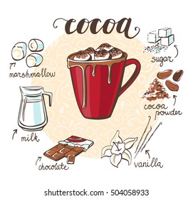 Vector illustration with soft hot drink Cocoa with marshmallow. Hand drawn cup with non alcoholic beverage and doodle ingredients and spices. Recipe card with isolated objects on white background.